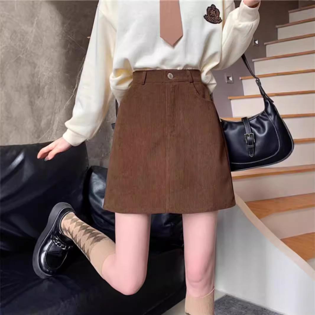 

2024 Autumn/Winter Women s Corduroy High Waist Bodycon A-line Midi Skirt, Slimming and Petite Fit 4XL кавовий
