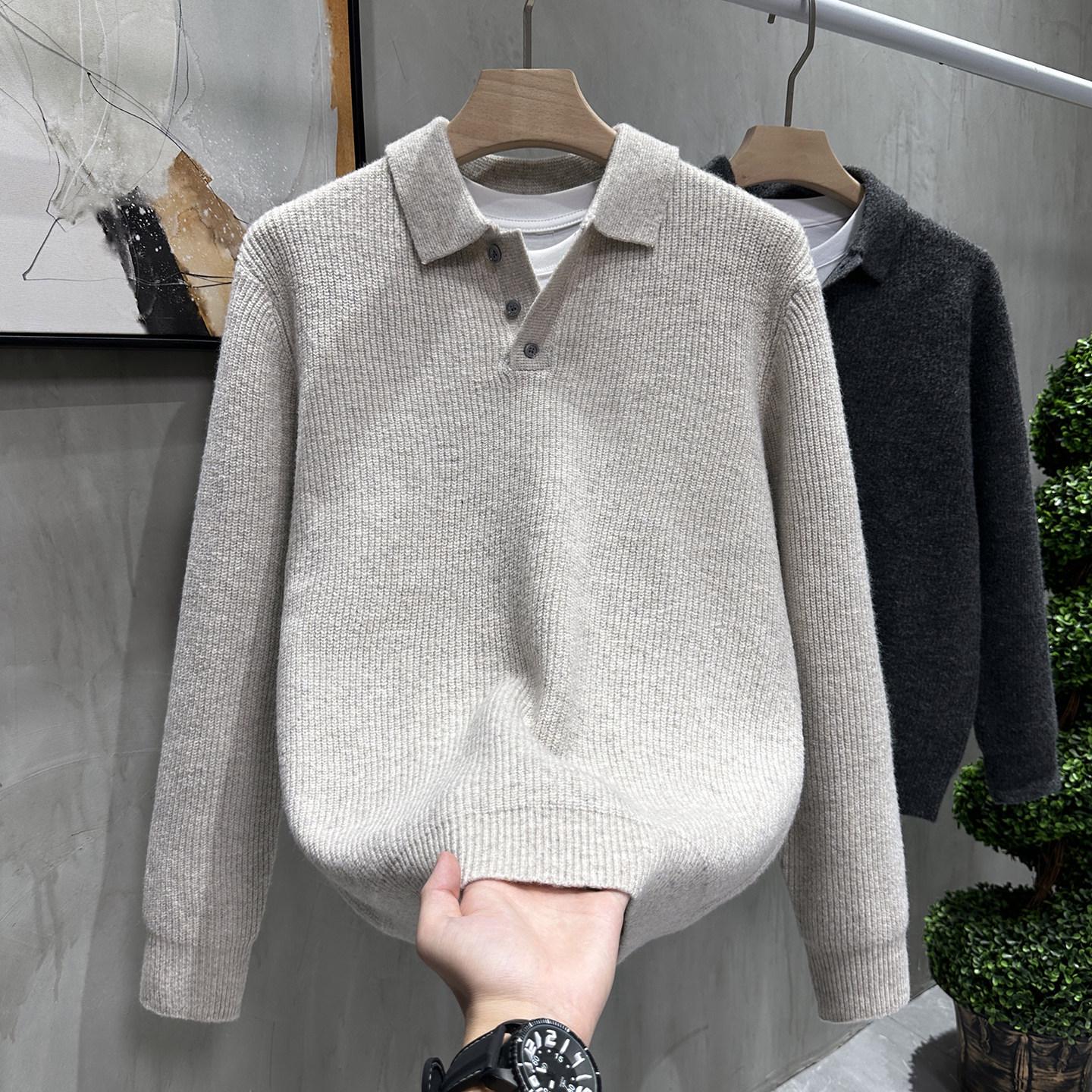 Men s 2026 Autumn/Winter High-Density Thick Polo Sweater: Old Money Style, Loose Casual Shirt Collar Knitwear XL абрикосовый