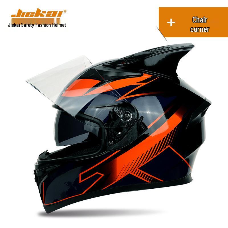 Jiekai Full Face Flip-Up Motorcycle Helmet for Men & Women with Horn Design - All Season Racing Safety Helmet.