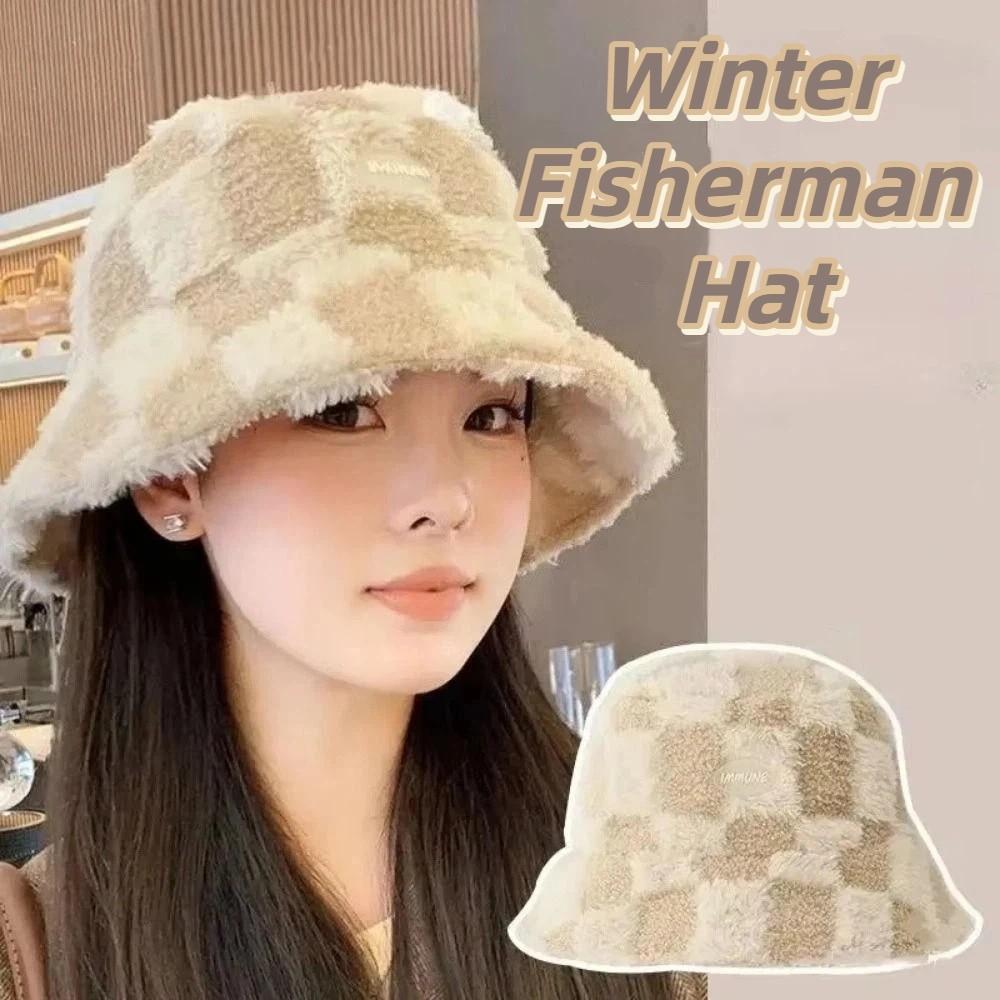 Adjustable Women Bucket Hat Faux Fur Lamb Wool Fisherman's Hat Plush Basin Cap  Outdoor Activities
