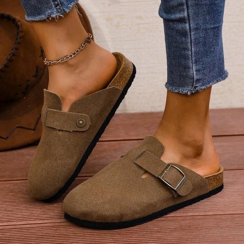 

Модная женская обувь 2024 года, женские тапочки с закрытым носком, повседневные тапочки для улицы, женские тапочки с пряжкой, круглым носком, на плоской подошве, большие размеры, женская обувь 36 хаки