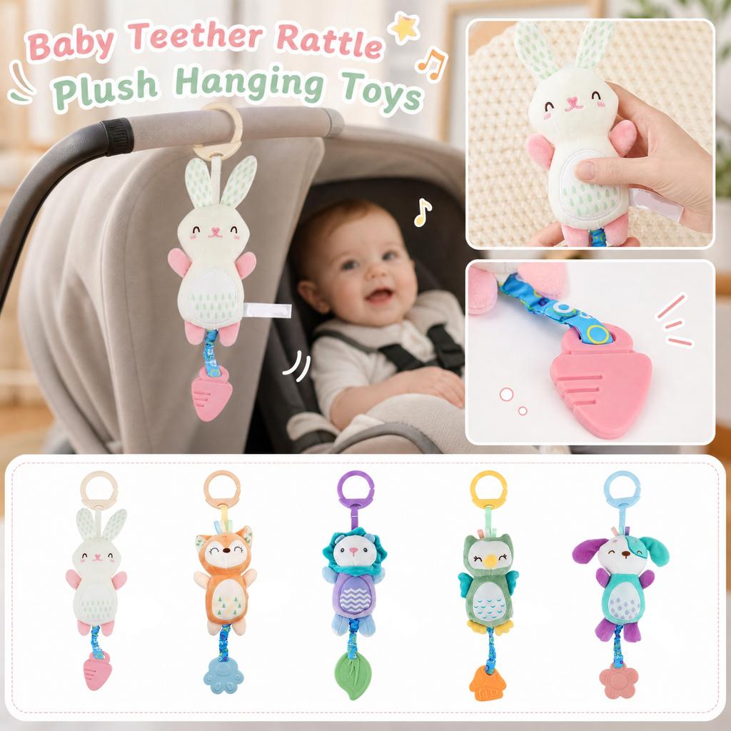 Baby Plush Hanging Toy with Rattle and Teether for Car Stroller
