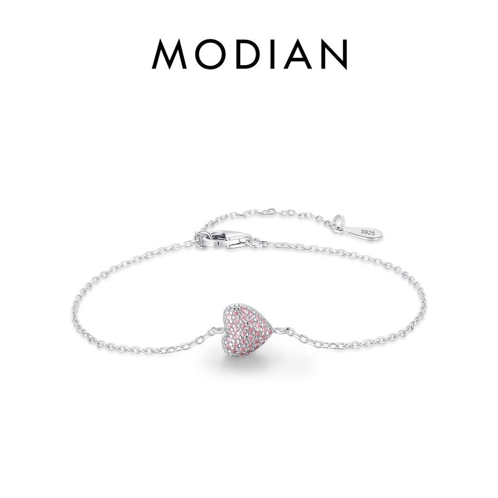 MODIAN 925 Sterling Silber Hellrosa Zirkon Herz Verstellbares Armband Kettenglied für Damen Schmuck Romantisches Jubiläumsgeschenk
