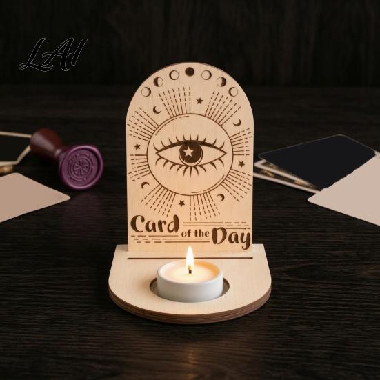 Decorative Tealight Stand Wooden Tarot Card Holder Stand of The Day Candle Holder Moon Rustic Home Decor Sun Star Pattern Altar Display for