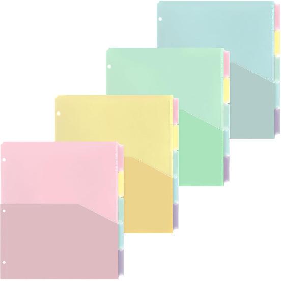Janlaugh 4 Sets 5 Tab Plastic Binder Dividers Plastic Index with Pockets for 3 Ring Binders 9 3/4 x 11 1/2 Inches 3 Hole Page Colorful Dividers