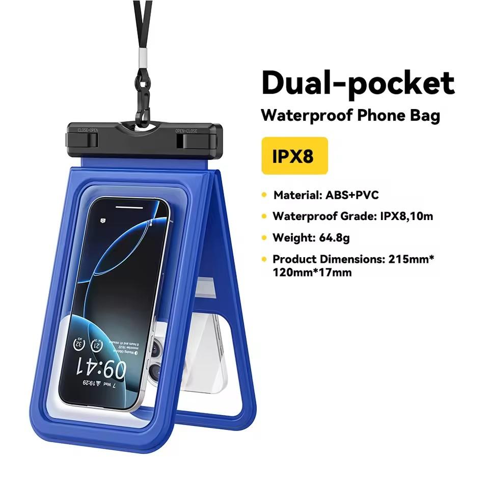 Essager Custodia Impermeabile IPX8 a Doppia Tasca per iPhone16 15 14 13 Borsa Stagna Galleggiante per Snorkeling Spiaggia Nuoto Copertura Universale