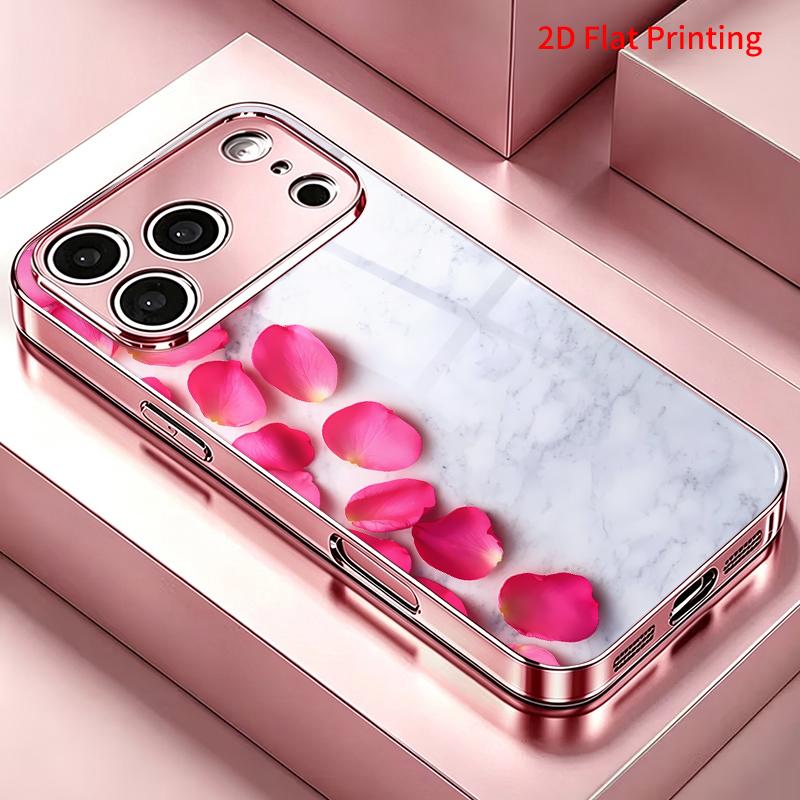 2DFlat electroplated tempered glass phone case,Pink Rose Petals on Marble,suitable for iPhone 18 Pro Max 17 16 15 14 13 12 11