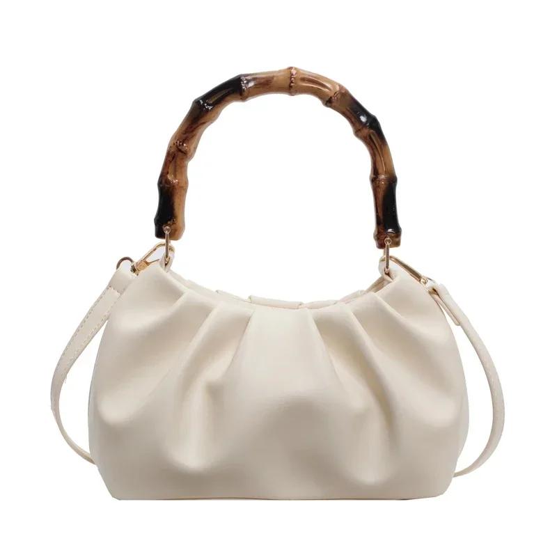 Solid PU Pleated Hand Bags for Women Bamboo Handle with Zipper Buckle Fashion