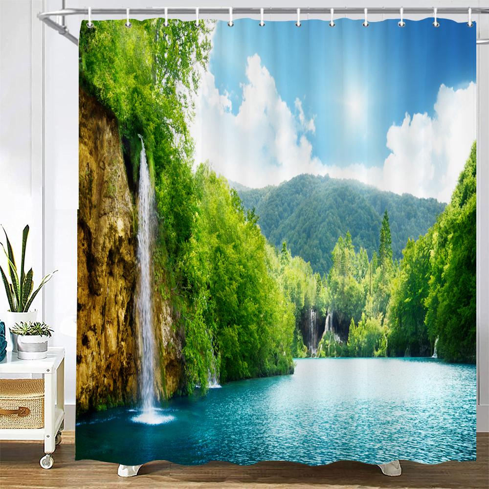 3D Printing Green Forest Waterfall Shower Curtains Waterproof Bathroom Curtain With Hooks Bath Curtain 180*200 Polyester Fabric