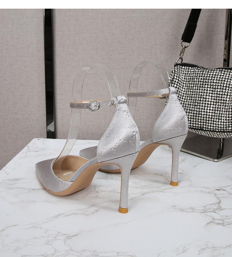 2024 Ladies Silk Champagne Shoes Ankle Strap Sandals Woman Narrow Band High Heels Stilletto Wedges Pumps OL Dress Party Sandalia