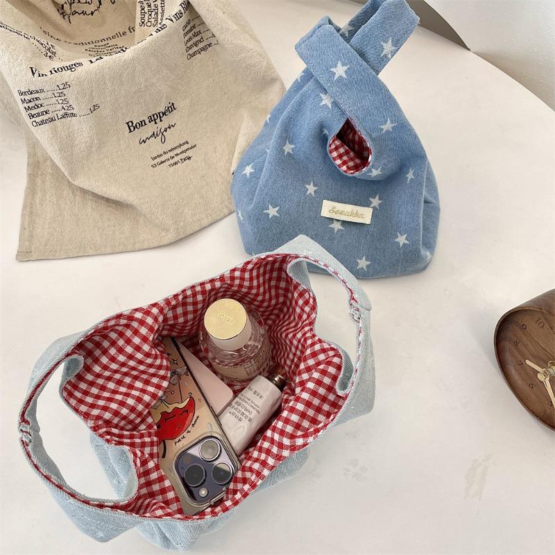 Cute New Denim Hand Bag Portable Storage Go Out Wrist Bag Contrasting Color Red Grid Portable Small Bag