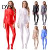 Supportive Bodysuit Lady Glossy Bodystocking Stretchy Sexy Full Long Sleeve Jumpsuit with Zipper Shiny Smooth Leotard Catsuit for Dance Practice Club