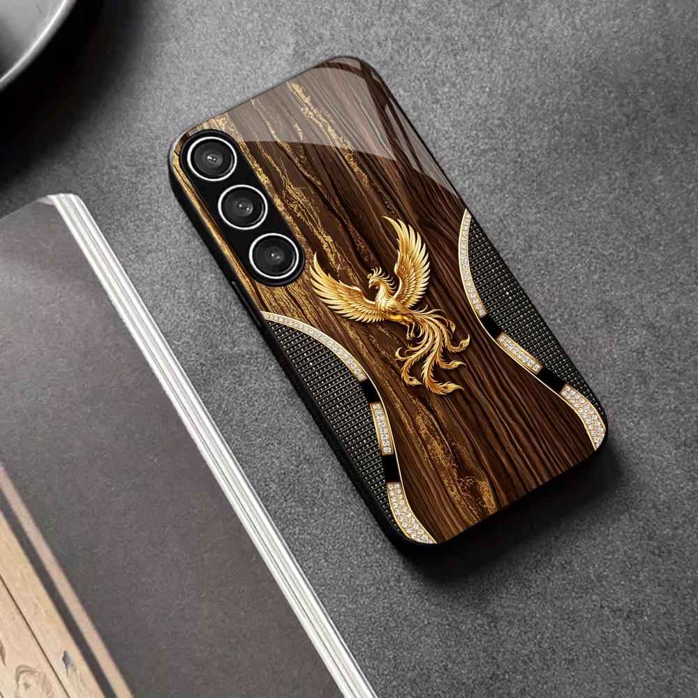 Wood Grain Golden Phoenix phone case glass s26 ultra case s25 ultra case for Samsung Galaxy S26 S25 S24 S23 S22 FE Ultra Plus