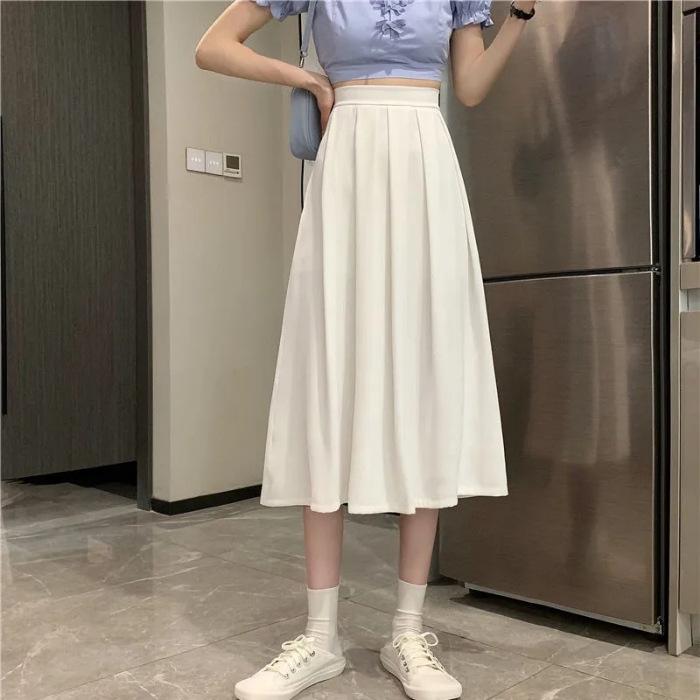 White pleated skirt women s summer drooping feeling thin skirt new A-shaped skirt medium and long high-waisted umbrella skirt tide S белый