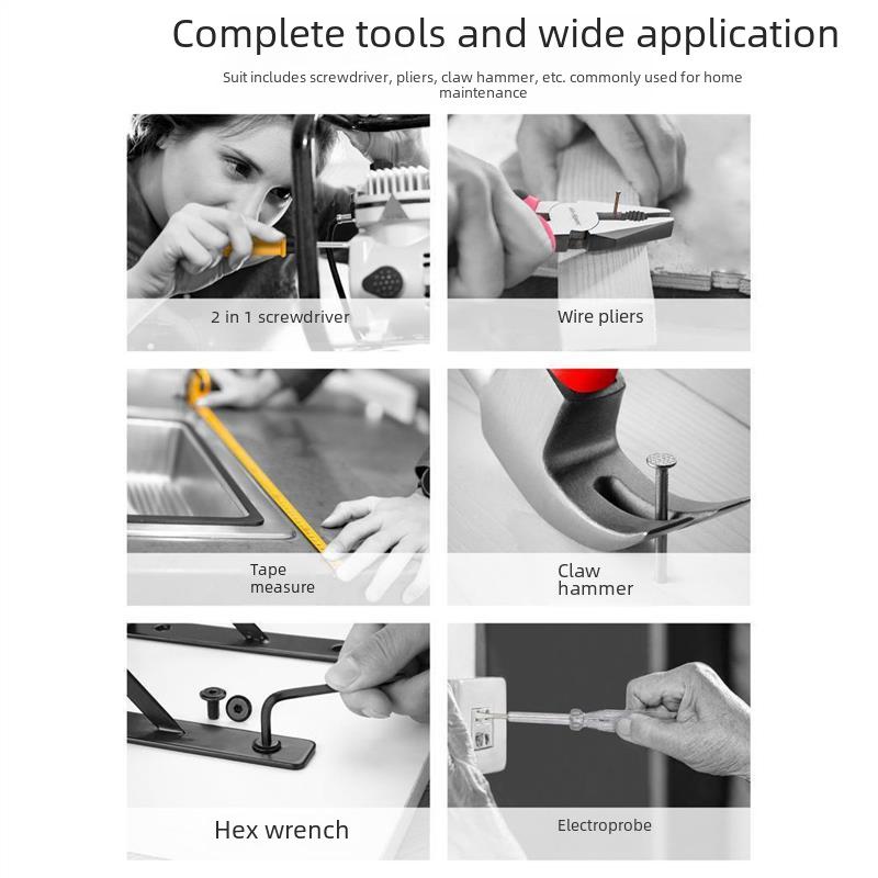 Multifunktionales Heimwerker-Reparaturwerkzeugset mit Zange, Maßband, Hammer.