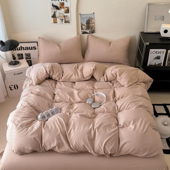 new solid color washed cotton four-piece set Shuangpin student dormitory single bedding three-piece set