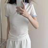 Korean contrasting color pure cotton short-sleeved t-shirt women's summer niche design sense solid color slim and thin inner top