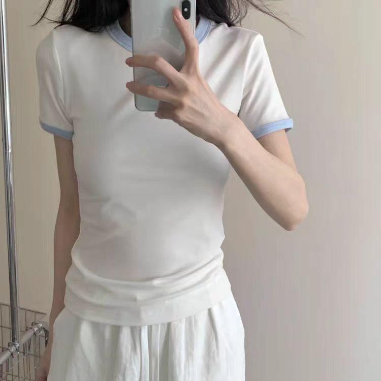 Korean contrasting color pure cotton short-sleeved t-shirt women's summer niche design sense solid color slim and thin inner top