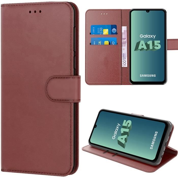 Coque pour samsung galaxy a15 4g-5g, protection pliable anti-choc en cuir pu marron avec fentes pour cartes et support réglable