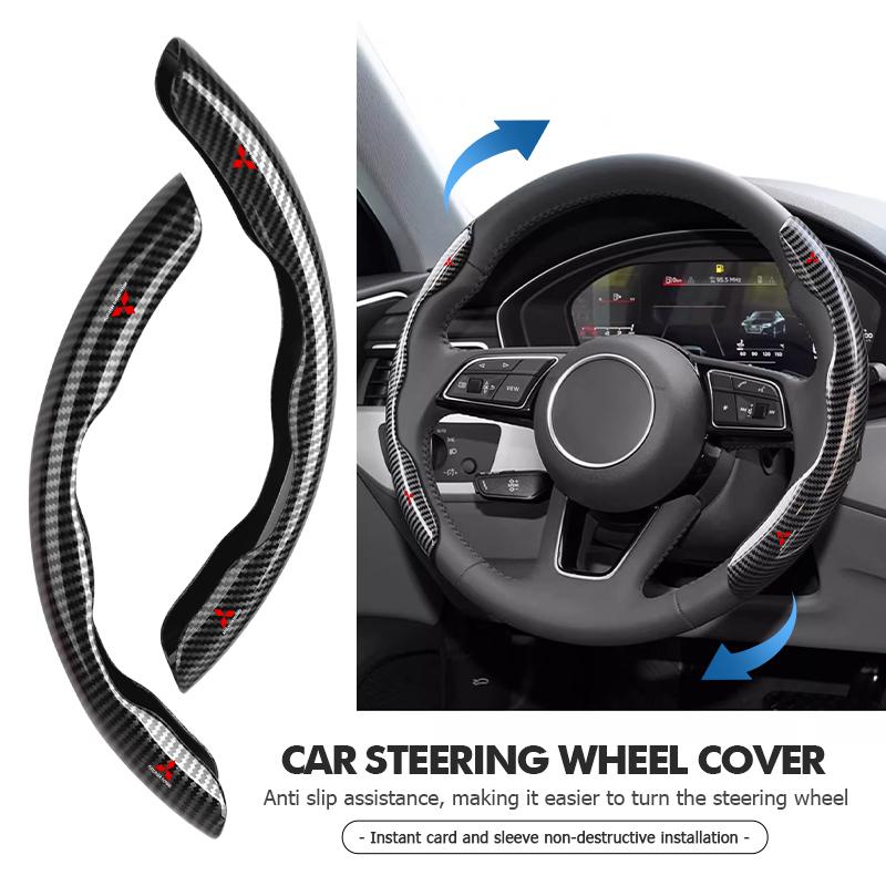 For Mitsubishi 2PCS New Carbon Fiber Car Steering Wheel Cover Non-slip Protector Sleeves Outlander Lancer Cross Colt Xpander