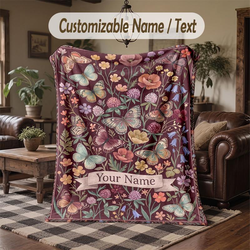 Butterflies Flowers Garden 19 Theme Throw Blanket Custom Name Text Personalized Blanket Soft Cozy Blanket for Home Sofa Bed