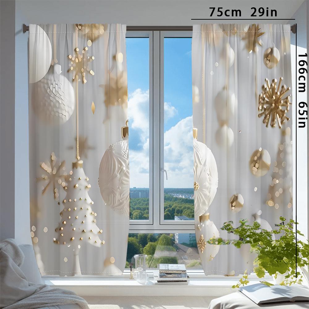 White and Gold Christmas Curtains Elegant Charming Christmas Tree and Ball Print Curtains for Bedroom Living Room Kitchen Window