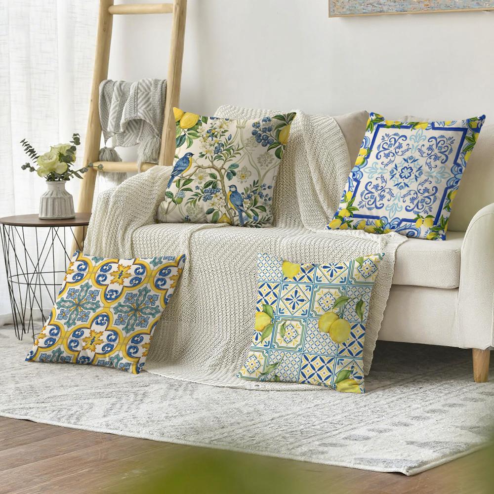 Greek Vacation Style Cushion Cover Natural Linen Organic Fabric Double-Sided Printing Sofa Home Decor Gift Pillow Cover