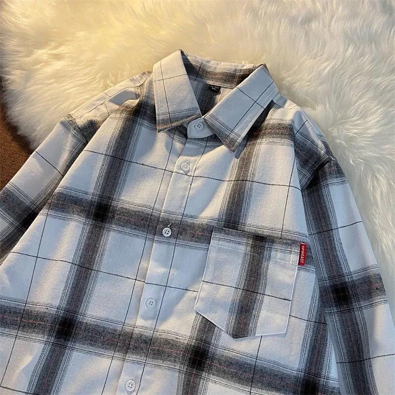 Dame Retro Rutete Langermet Skjorte - Løs Passform, Pluss Størrelse, Koreansk Stil, Vår Yttertøy