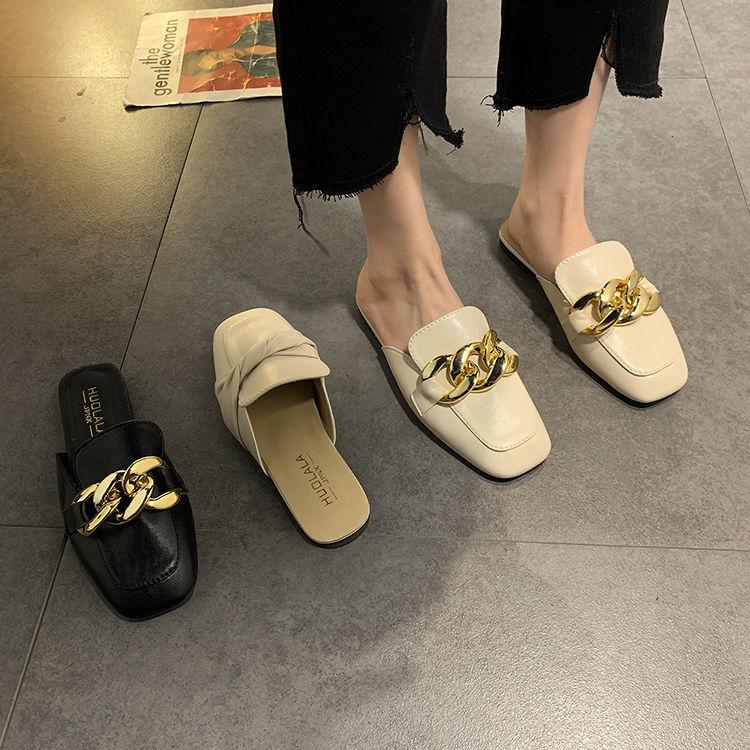 Chain Small Fragrant Style Flat Bottom Square Head Bag Head Half Slippers Women's Outer Wear 2021 Summer New Internet Celebrity Versatile Korean Vers