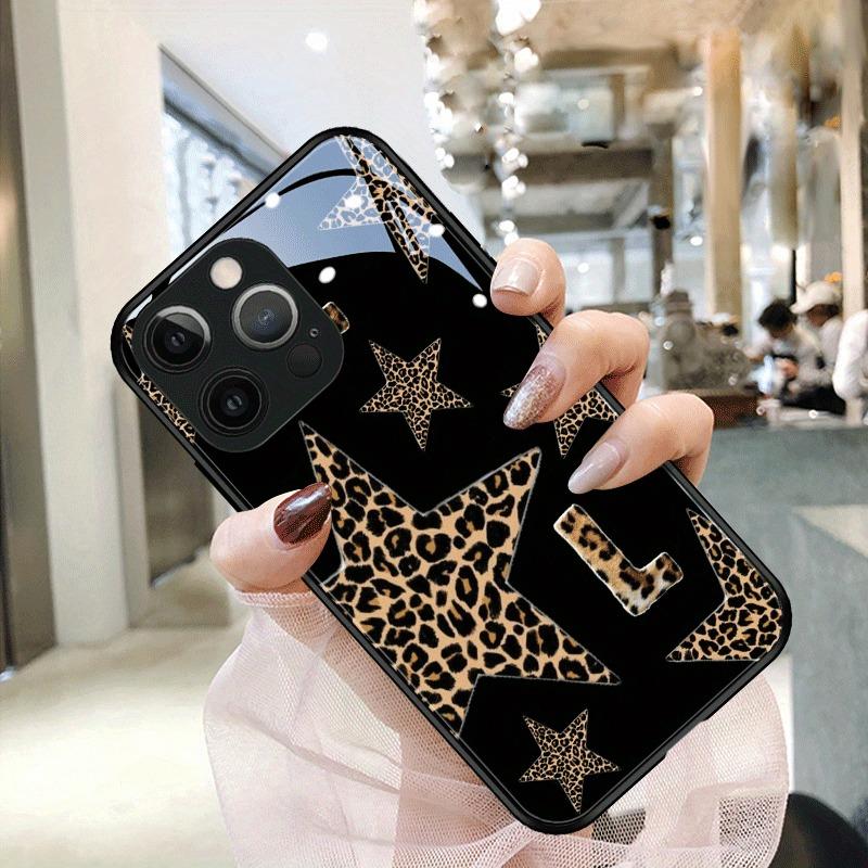 Black Leopard Print Star Letter Pattern Glass Phone Case For iPhone 17 16 15 14 13 12 11 Pro Max 16E 17Air 7 Plus XR XS X Cover
