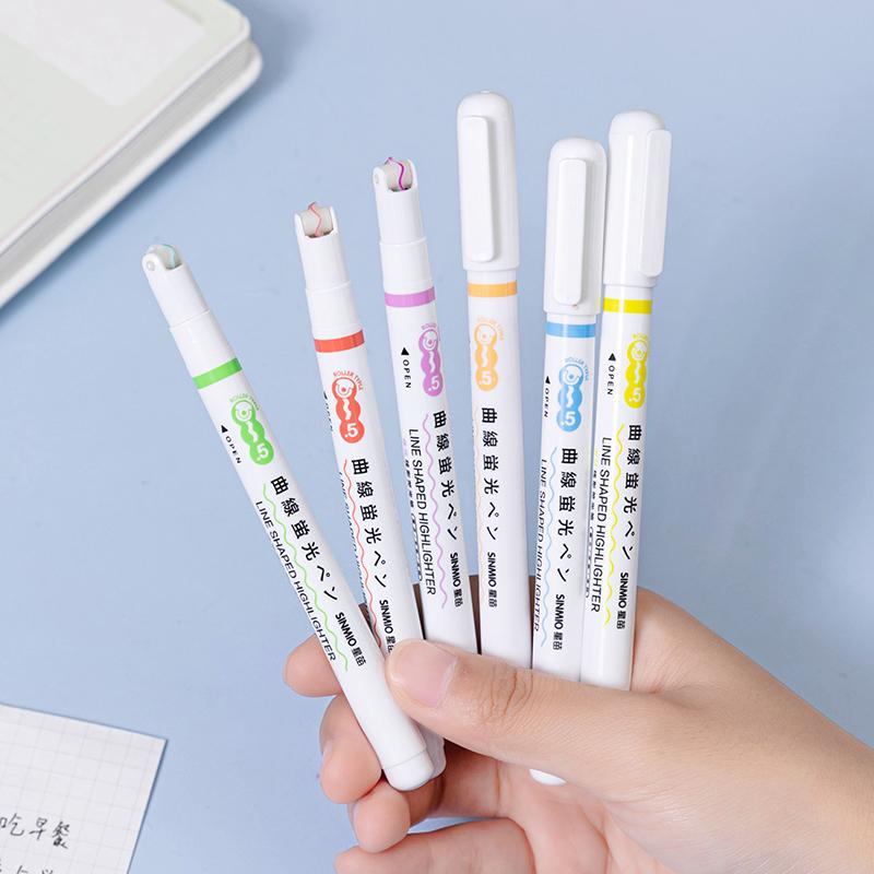 6pcs Line Shaped Highlighter Pen Multi Color Roller Tip Curve Liner Marker Highlighter Novelty Stationery School