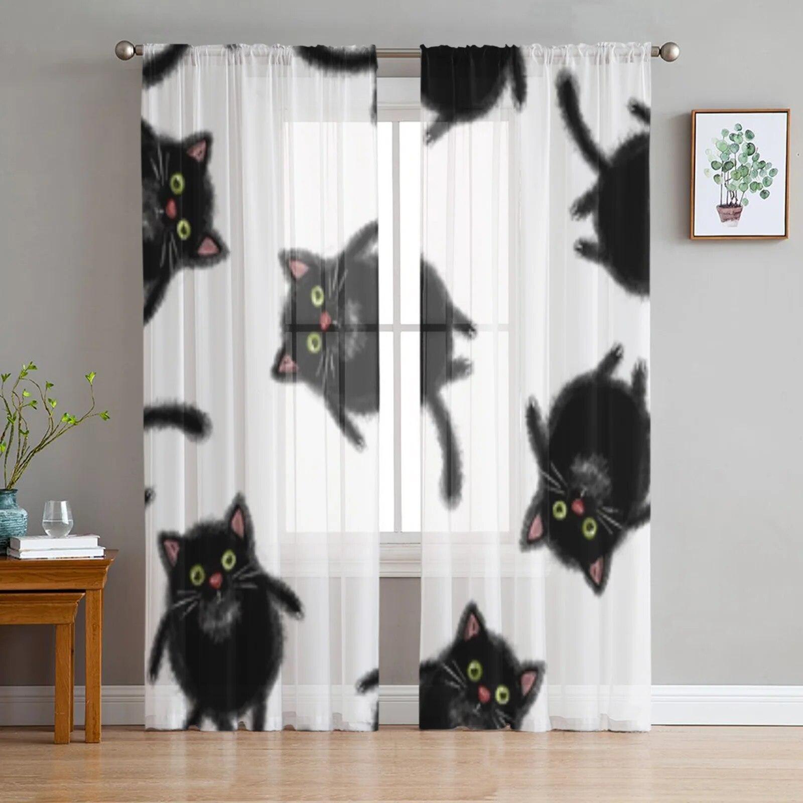 

Шифоновые прозрачные шторы с черным котом для гостиной, спальни, украшения, тюлевые шторы для окон, шторы 135W x 244H(cm)x2