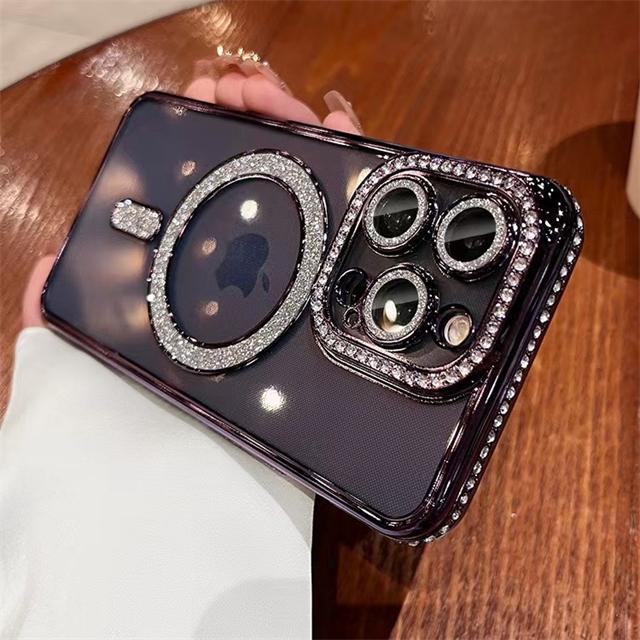 For iPhone 16E Pro Max Luxury Magsafe Magnetic Plating Flash Diamond Phone Case For iPhone 11 12 13 14 15 Plus Rhinestone Cover
