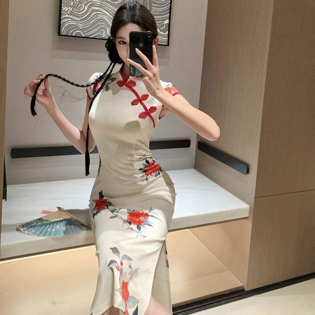 Summer Chinese-Style Cheongsam Dress with Frog Button, Waist-Cinched, Sexy Slit Midi Skirt – New Women's Arrival