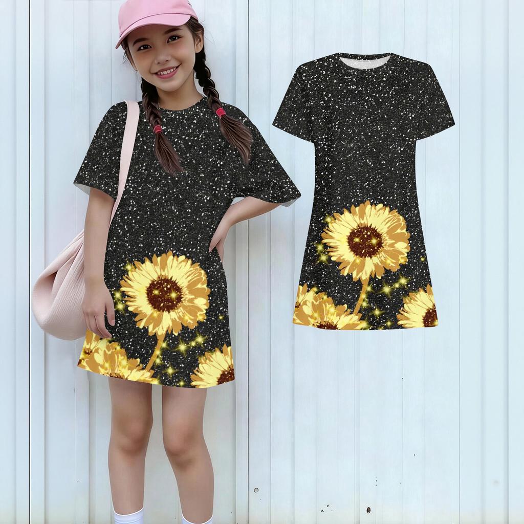 Girls Print Casual Dress Kids Loose Round Neck Short Sleeve Thin Sundress