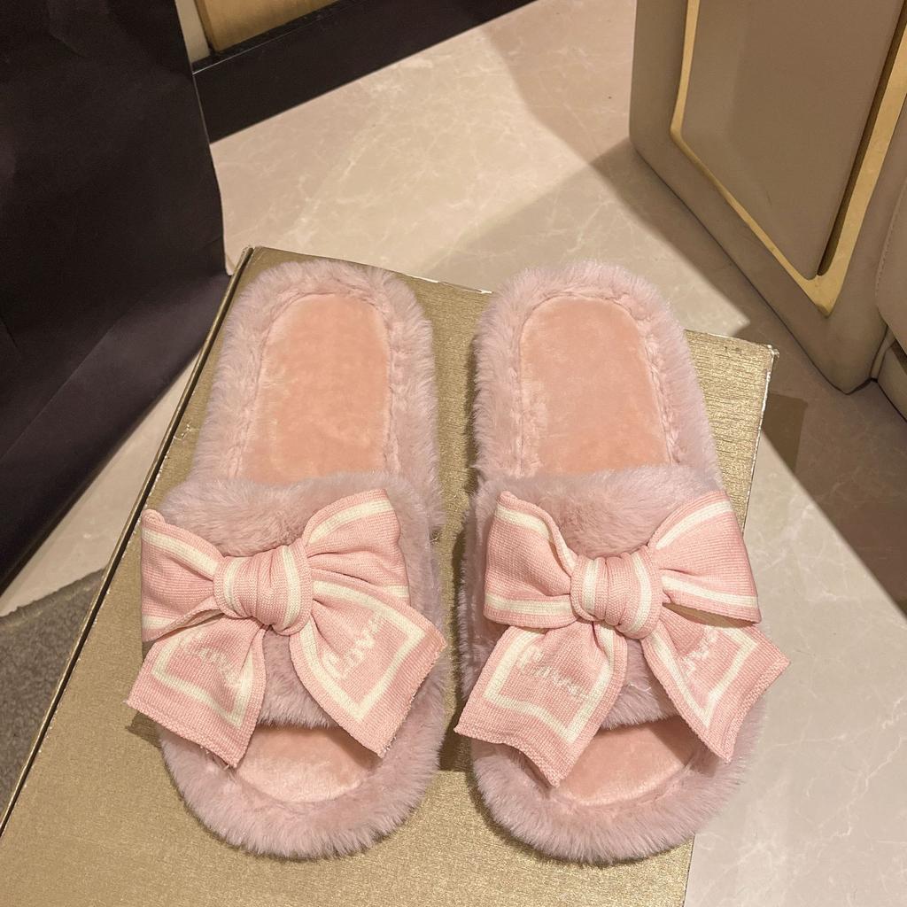 Fashion Casual Fluffy Slippers Women House Flats Fashion Winter Bowknot Love Designer Shoes Ladies Home Plush Platform Elegant Footwear