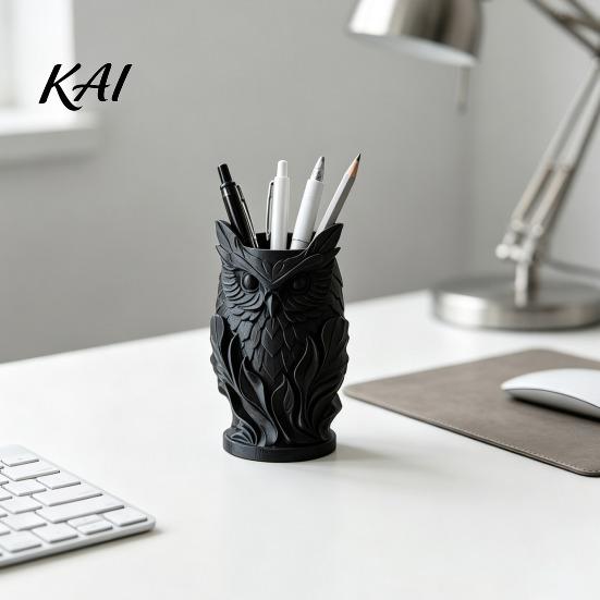 Sculpted Owl Figurine 3D Printed Pen Holder, Creative Desk Organizer for Office Stationery, Retro Relief Art Supplies Animal Storage Container Pencils