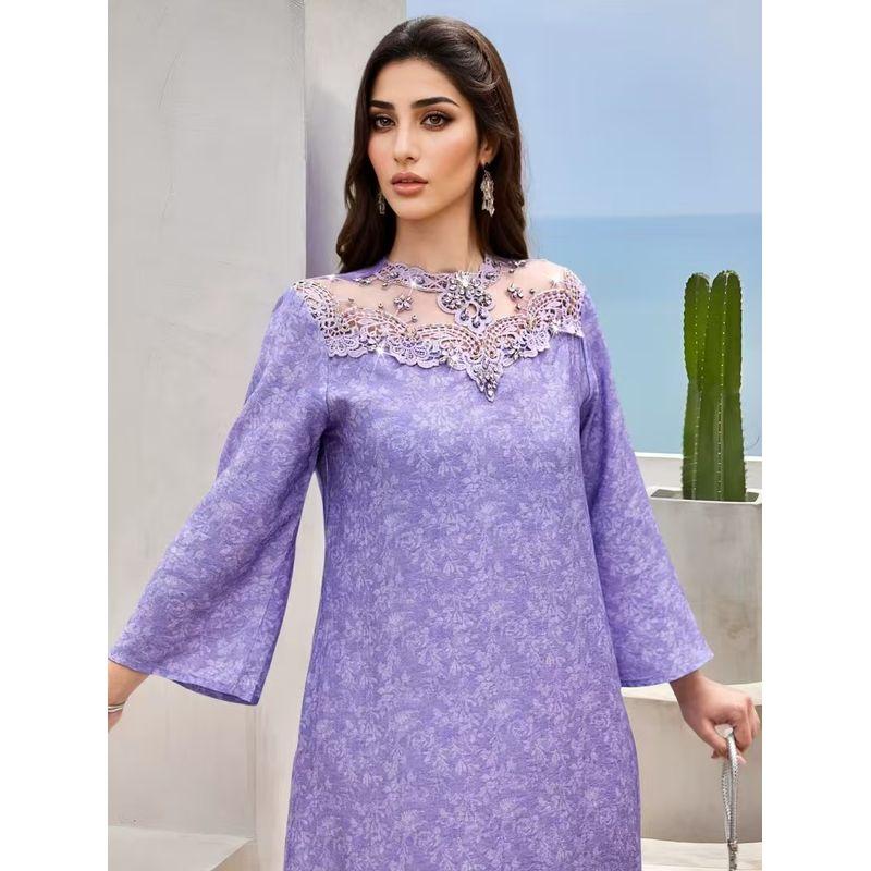 

New Middle East Patchwork Neckline Lace Embroidery Diamond Dress Splicing Lace Collar Dress Lavender purple 2XL