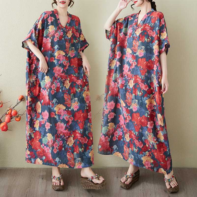 Women's Vintage Long Dress with Cotton and Linen Patterns