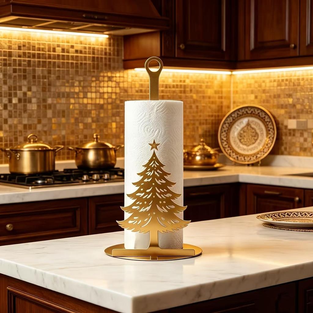 2D Flat Christmas Tree Iron Paper Towel Holder Kitchen Countertop Tissue Roll Stand Holiday Decoration