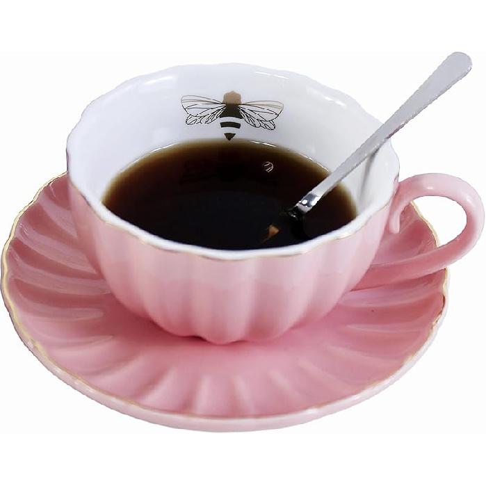 YBK Tech Strengthen Porcelain Cup and Saucer Set, 9oz Cup with Saucer - Gold Bee Inside The Cup (Purple)