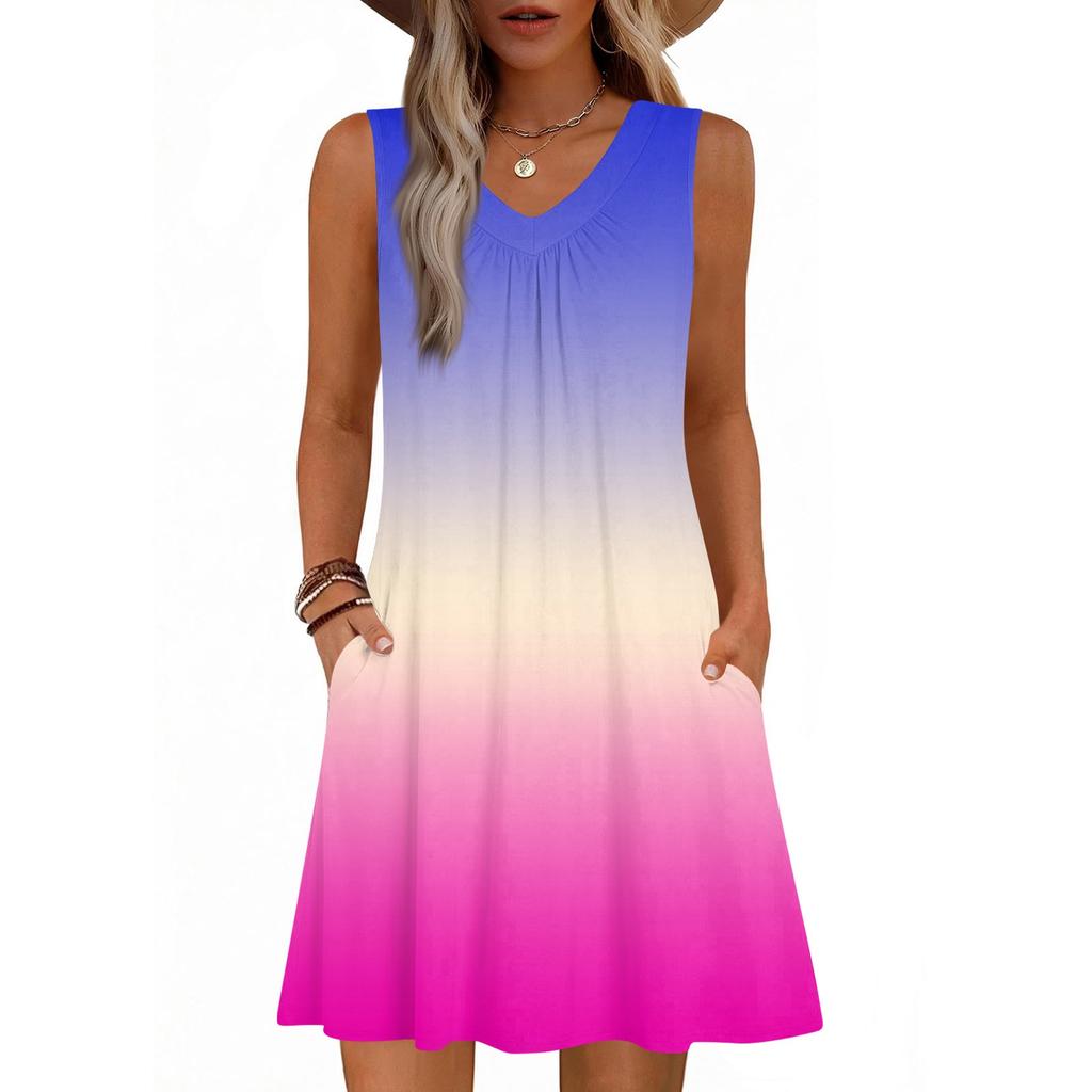 Dámské módní letní tílko bez rukávů s V-výstřihem, s kapsou, ležérní volné šaty