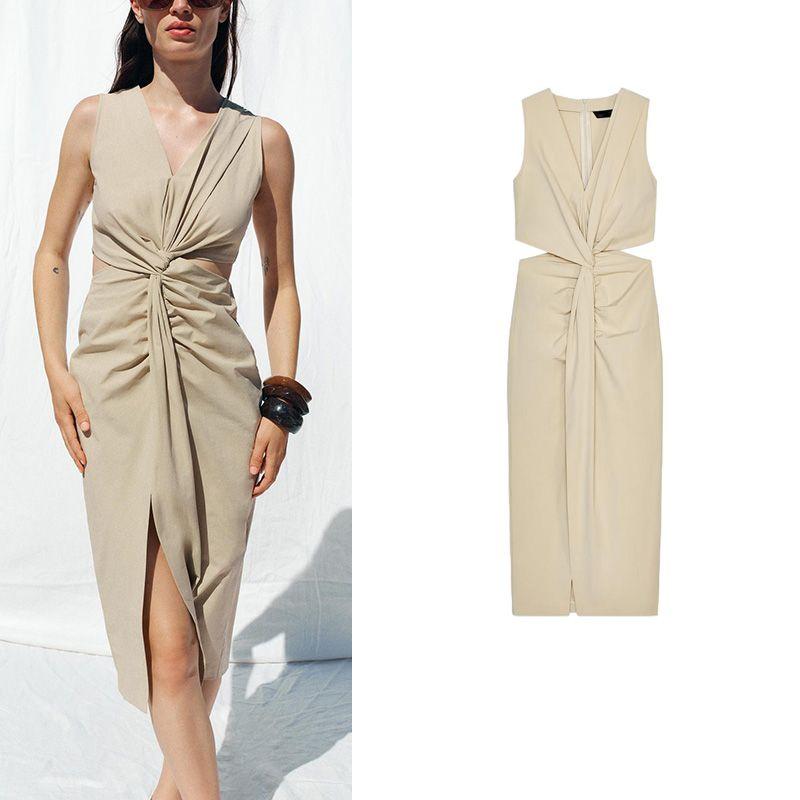 Summer New Product Women's Clothes Sexy Style V Neck Sleeveless Opening Design Bow Tie Midi Skirt Length Dress 3897103