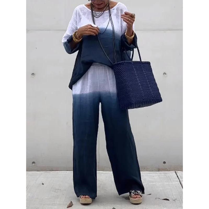 Women's Loose Fit Two-Piece Outfit Set 3/4 Sleeve Boat Neck Top High Waist Wide Leg Pants