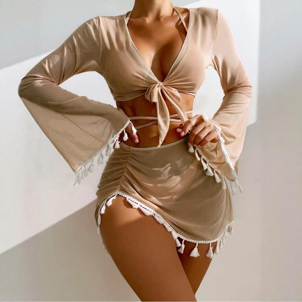 Ou Ruizi's New Sexy Split Swimsuit Women's Lace-up Bikini Fringed Four-piece Long-sleeved Blouse
