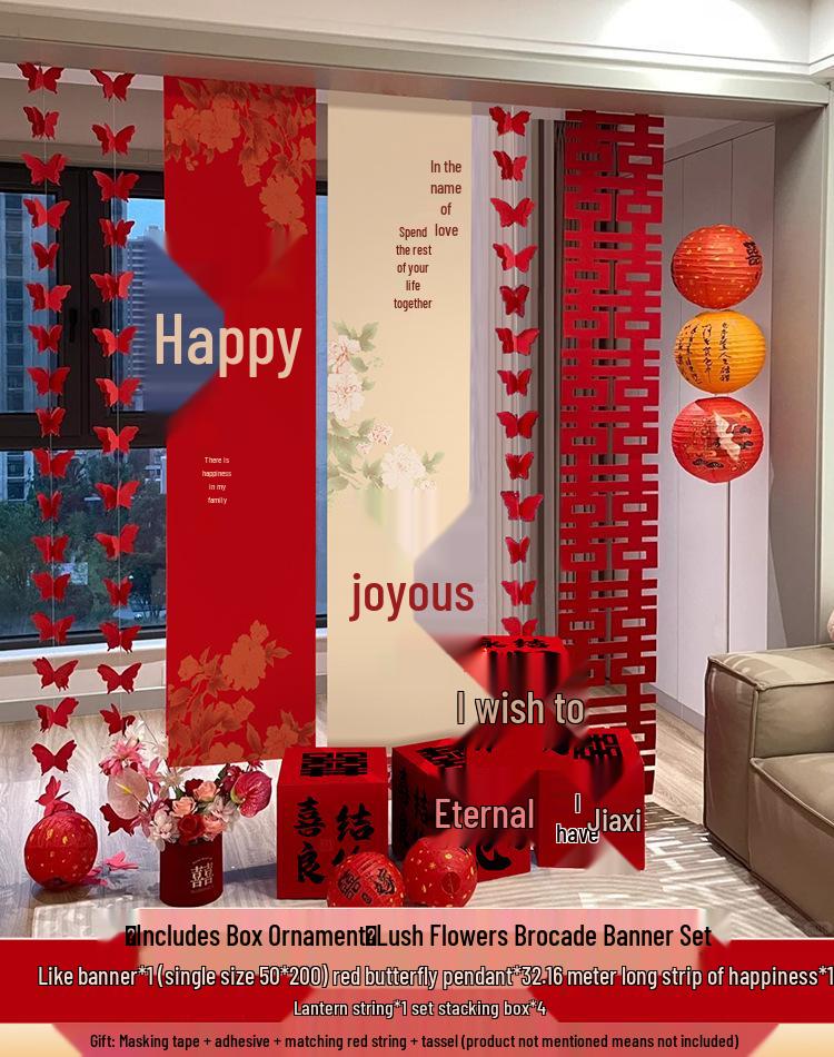 Double Happiness Wedding Room Cloth Banner Set for Ceremony and Hotel Décor