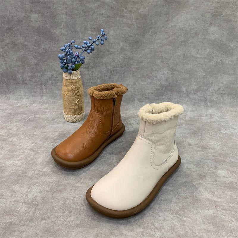 Flat Bottom Round Head Retro Zipper Snow Boots Women's Autumn and Winter New Velvet Thickened Fur Warm Integrated Short Boots
