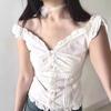 BM American Ballet Style White Ruffled Sleeveless Slim Lace Cardigan Top for Women