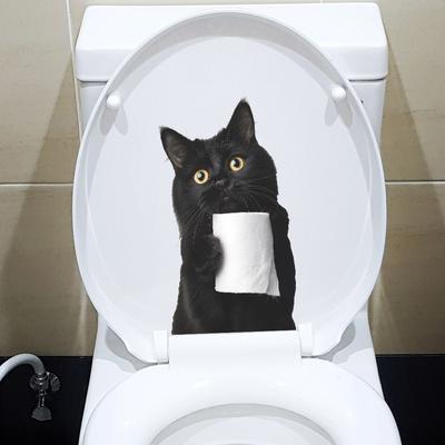 Verspielte Schwarze Katze mit Toilettenpapier Toilettensitz-Aufkleber Badezimmer-Dekoration Selbstklebend Abnehmbare Folie