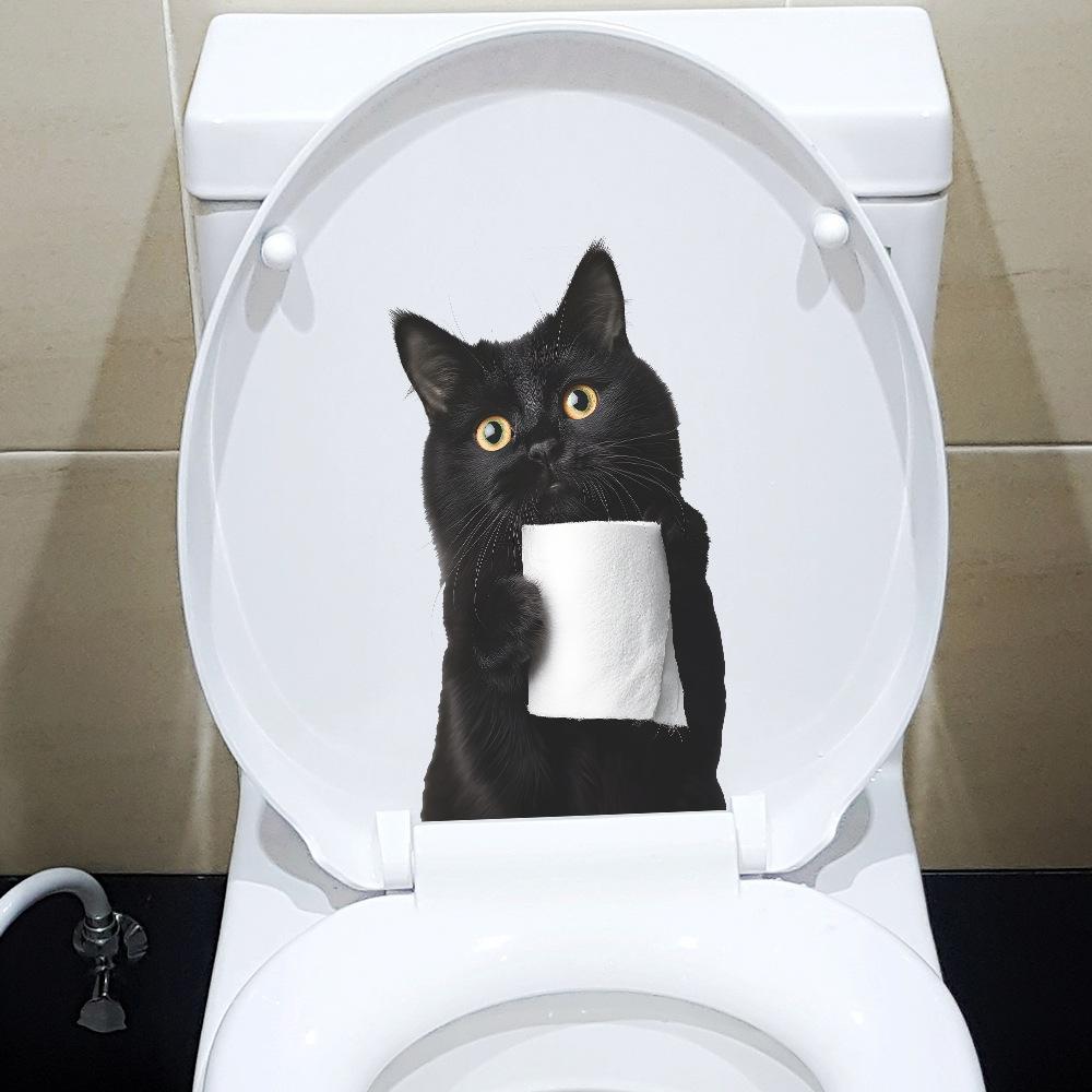 Playful Black Cat Holding Toilet Paper Toilet Seat Sticker Bathroom Decor Self-Adhesive Removable Decal